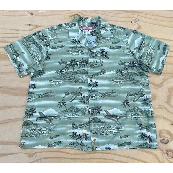VTG RJC Hawaiian Fighter Shirt Planes USA Bomber WWII Design Mens Green‎ SIZE 2X - Picture 1 of 7